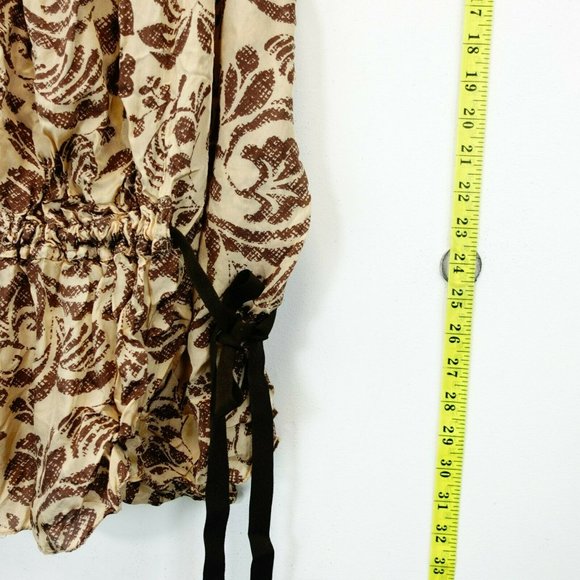 UNITED COLORS OF BENETTON Women Cream Brown Tunic Top SMALL Floral Flared Sleeve - Picture 7 of 9